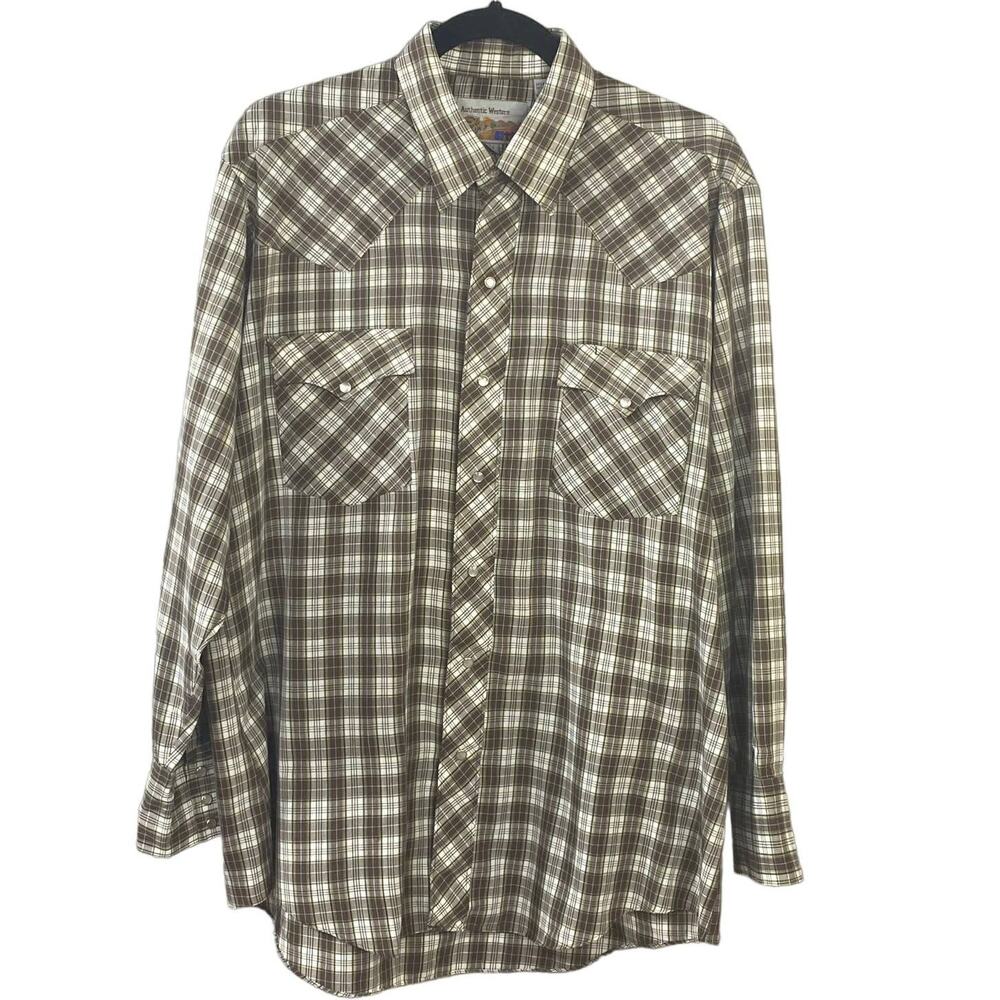 ATA Authentic Western Vintage Pearl Snap Plaid Checked Long Sleeve 16.5 (Large)